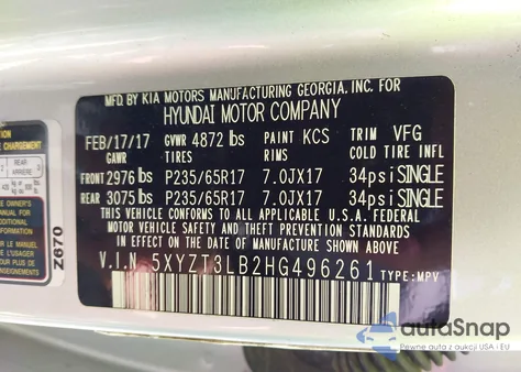 2017 Hyundai Santa Fe Sport 2.4L из США, поврежденный, VIN 5XYZT3LB2HG496261